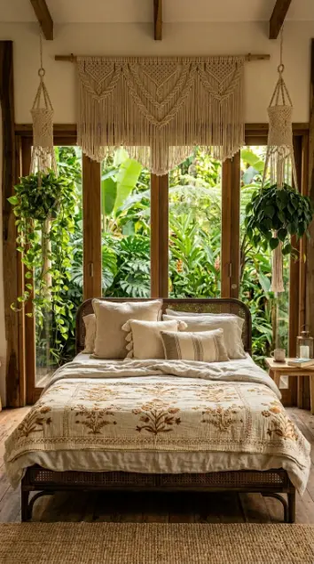 17 Indoor Outdoor Living Boho Macramé Jungle Garden View 9 9. Boho Indoor Jungle Bedroom With Open Garden Wall