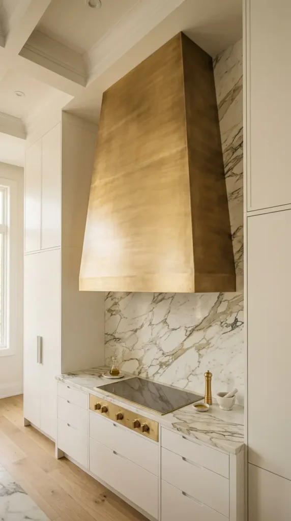 16 Minimalist Luxury Kitchen Sculptural Island Calacatta Stone Brass 9 9. Brushed Brass Integrated Range Hood as Architectural Statement 1