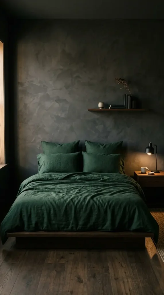 13 Minimalist Luxury Bedroom Dark Moody Charcoal Dramatic Calm 9 9. Charcoal Bedroom With Dark Green Linen Bedding