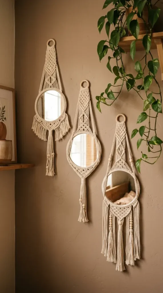13 Decorated Mirror Boho Macrame DIY Bedroom Earthy Wall 9 9. Cluster of Three Small Mirrors in Individual Macrame Hangers