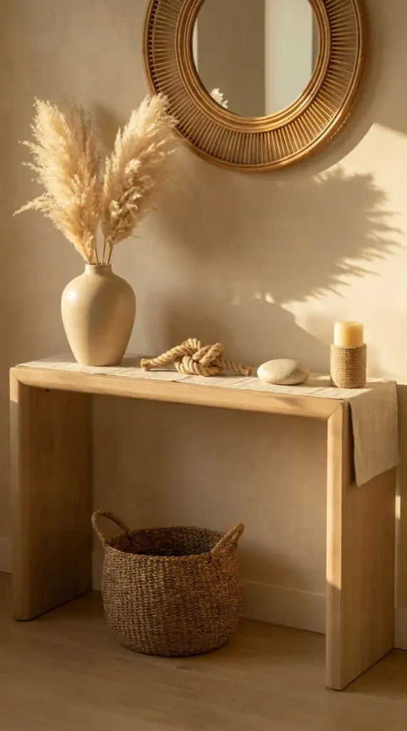 16 Console Table Styling Curved Soft Beige Rope Knot 9 9. Console Table Styling at Golden Hour — Warm Afternoon Light