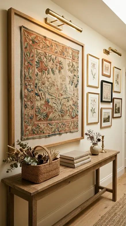 18 Console Table Decor Maximalist Gallery Wall Picture Lights 9 9. Console with Tapestry or Textile Art and Picture Lights