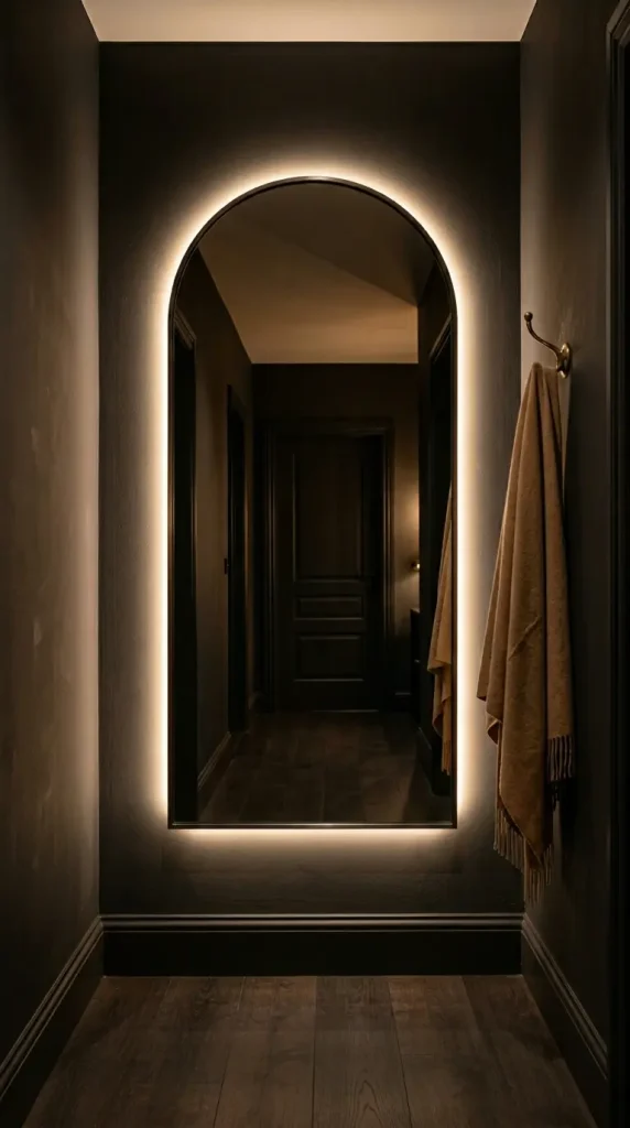 12 Hallway Mirror Ideas Arch LED Backlit Dark Luxury 9 9. Create a Dark Hallway Arch LED Mirror Entry That Functions as a Full Length Mirror