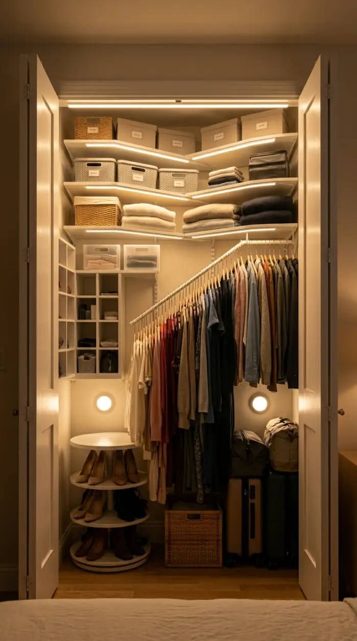 26 Smart Storage Closet Ideas Corner Diagonal Closet 9 9. Diagonal Closet LED Lighting System — Illuminating Every Corner
