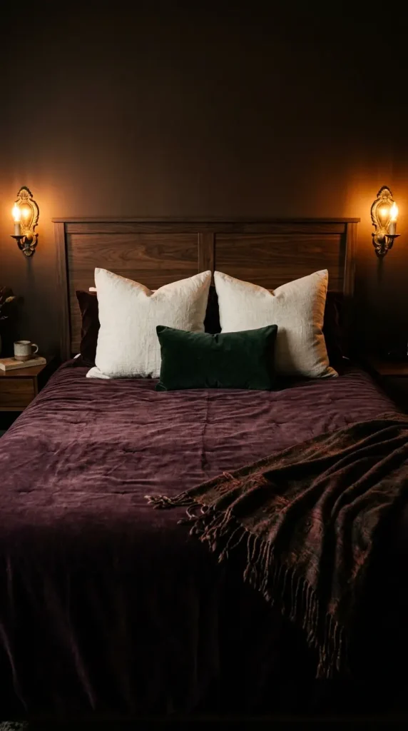 18 Vintage Bedroom Ideas Dark Brown Wood Moody Decor 9 9. Dress the Bed in Dark Velvet for the Deepest Moody Atmosphere