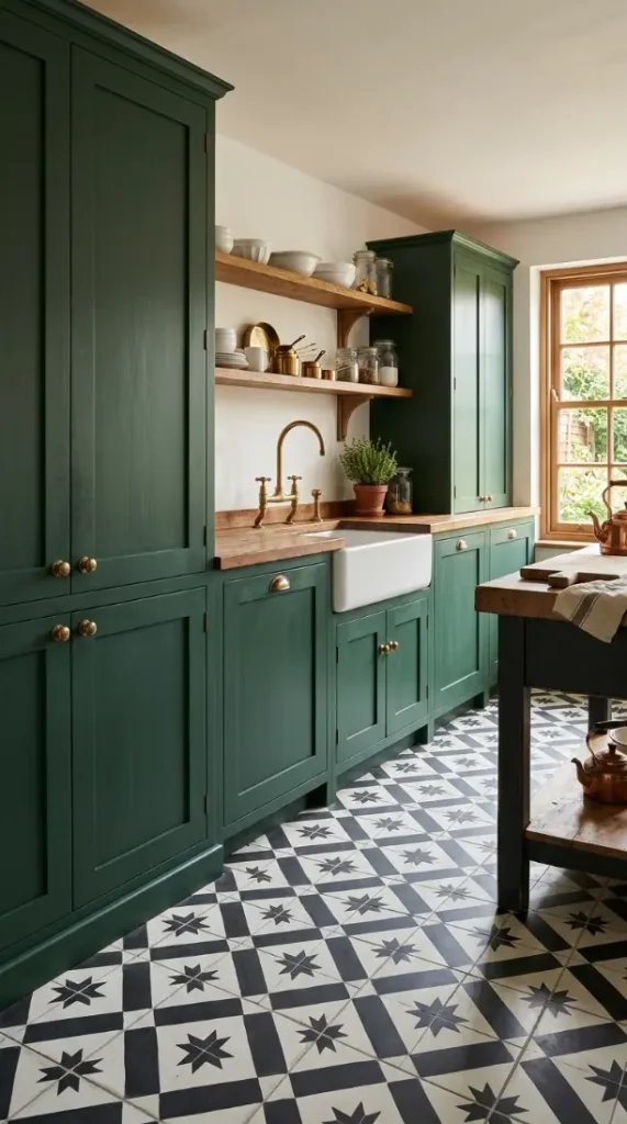 26 Kitchen Flooring Ideas for Farmhouse Black White Encaustic 9 9. Encaustic Floor With Dark Green Cabinets and Unlacquered Brass