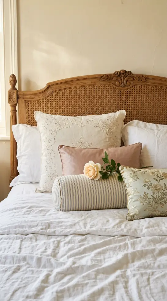 14 Vintage Bedroom Ideas Cane Rattan European Elegant 9 9. Layer Vintage French Linen and Silk Scatter Cushions on the Bed