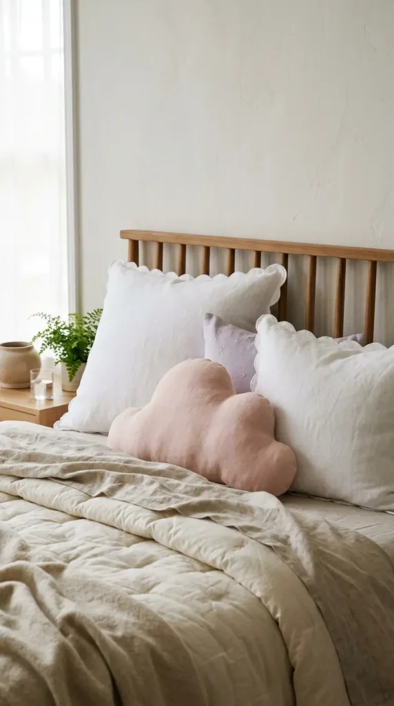 10 Cute Bedding Ideas Pastel Cloud Dreamy Bedroom Style 9 9. Layered Pillow Heights Following the Cloud Silhouette