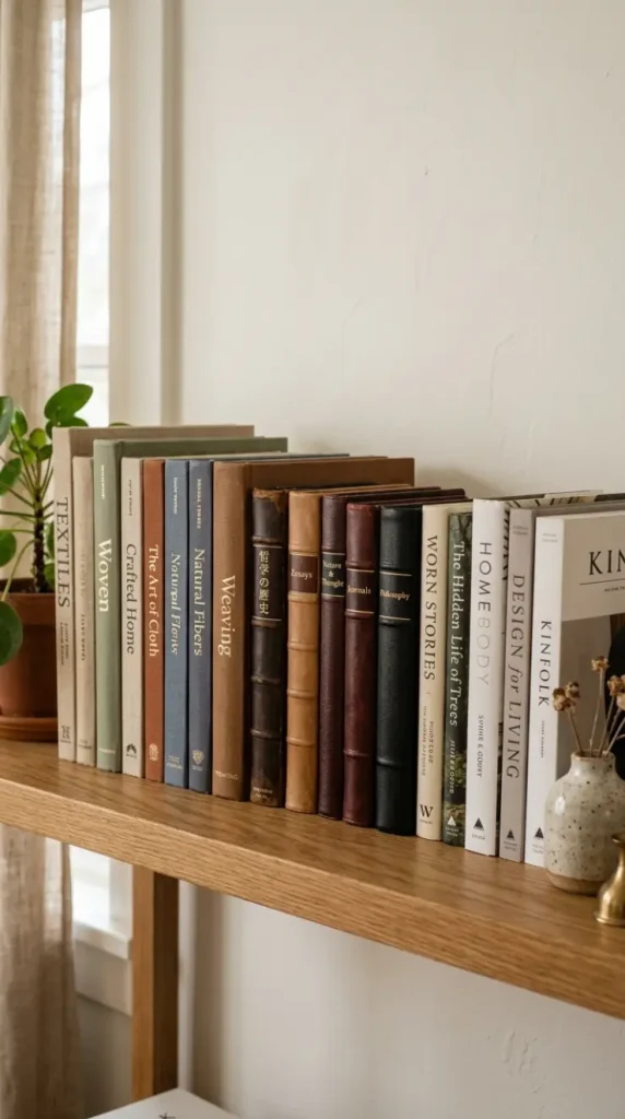 26 Cozy Home Office Warm Wood Linen Neutral Style Ideas 9 9. Layering Books by Spine Texture Rather Than Color