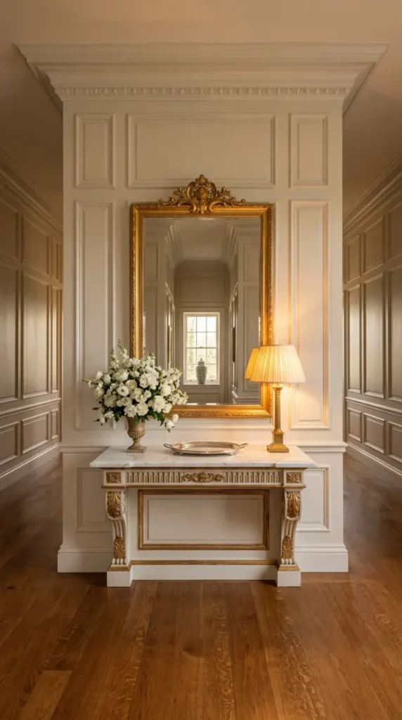 26 Entryway Console Table Ideas Traditional Marble Top 9 9. Marble Top Console in a Grand Panelled Hallway