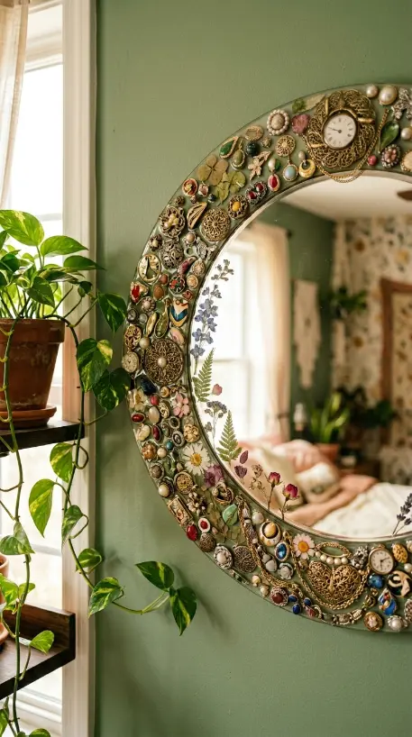 13 Bedazzled Mirror Vintage Jewelry DIY Eclectic Bedroom 9 9. Mirror Frame Bedazzled With Vintage Jewelry and Pressed Botanicals