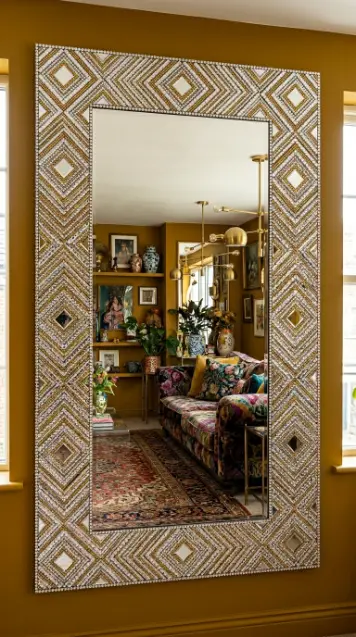 20 Bedazzled Mirror Disco Ball Living Room Maximalist Wall 9 9. Mirror Wall Bedazzled in Alternating Geometric Rhinestone Patterns