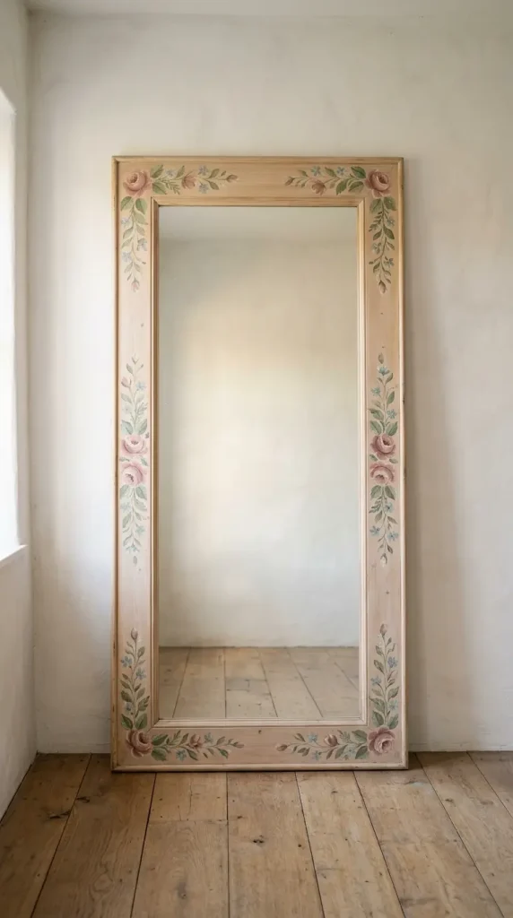 12 Floor Mirror Bedroom Cottagecore Wooden Morning Light 9 9. Mirror With a Hand Painted Floral Frame in Faded Pastels