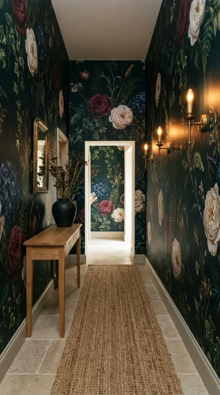 15 Vibrant Floral Wallpaper Accent Wall Room Decor 9 9. Moody Dark Floral Accent Wall in the Hallway — Deep Forest and Midnight Blue