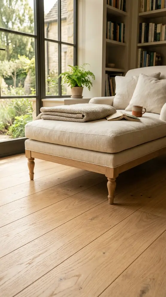 13 Chaise Lounge Reading Nook Cream Linen Window Quiet Luxury 9 9. Natural Oak Floor Beneath the Chaise