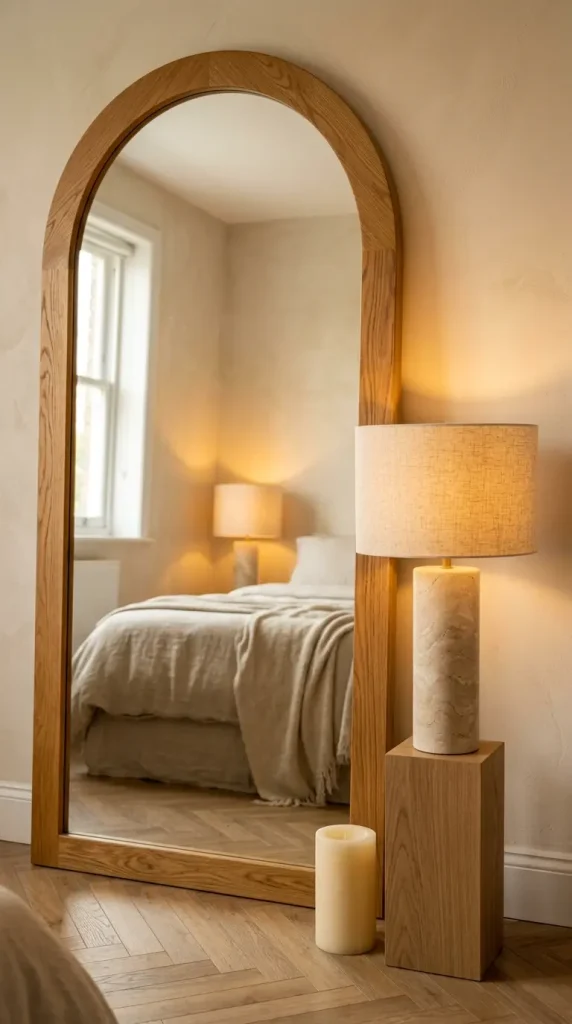 17 Big Mirror in Bedroom Oversized Oak Arch Warm Neutral 9 9. Oak Arch Mirror Styled With a Travertine Table Lamp at Its Base