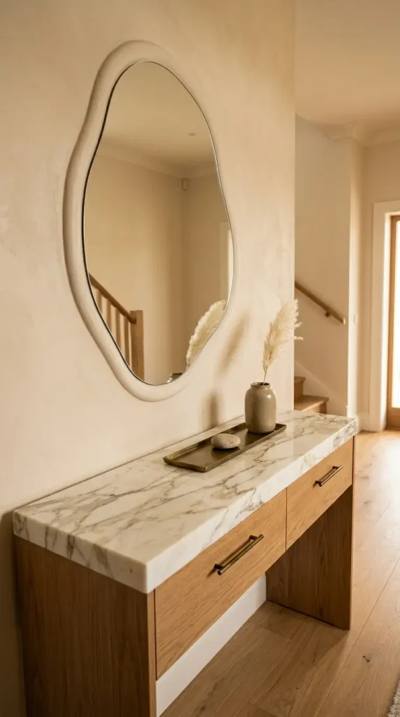 14 Hallway Mirror Ideas Organic Puddle Mirror Console 9 9. Pair the Puddle Mirror With a Marble Topped Console and Aged Brass Details