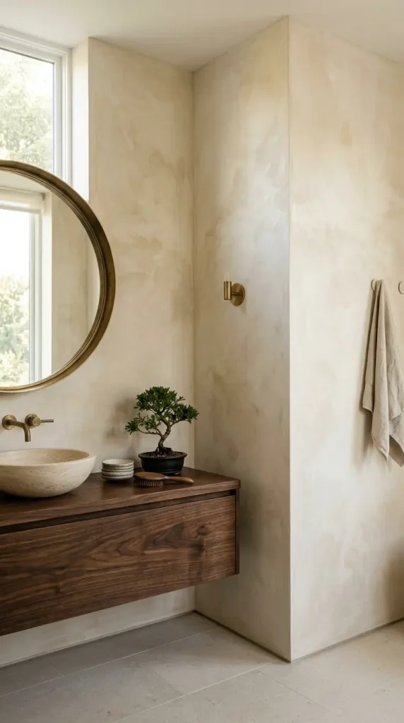 24 Modern Bathroom Plant Aesthetic Japandi Bonsai Minimal 9 9. Pale Limewash Walls as the Japandi Bathroom Envelope