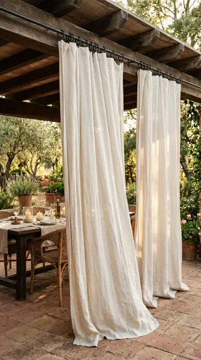 26 Outdoor Patio Ideas With a Cozy Pergola Dining Setup 9 9. Pergola Side Curtains for Cozy Enclosure