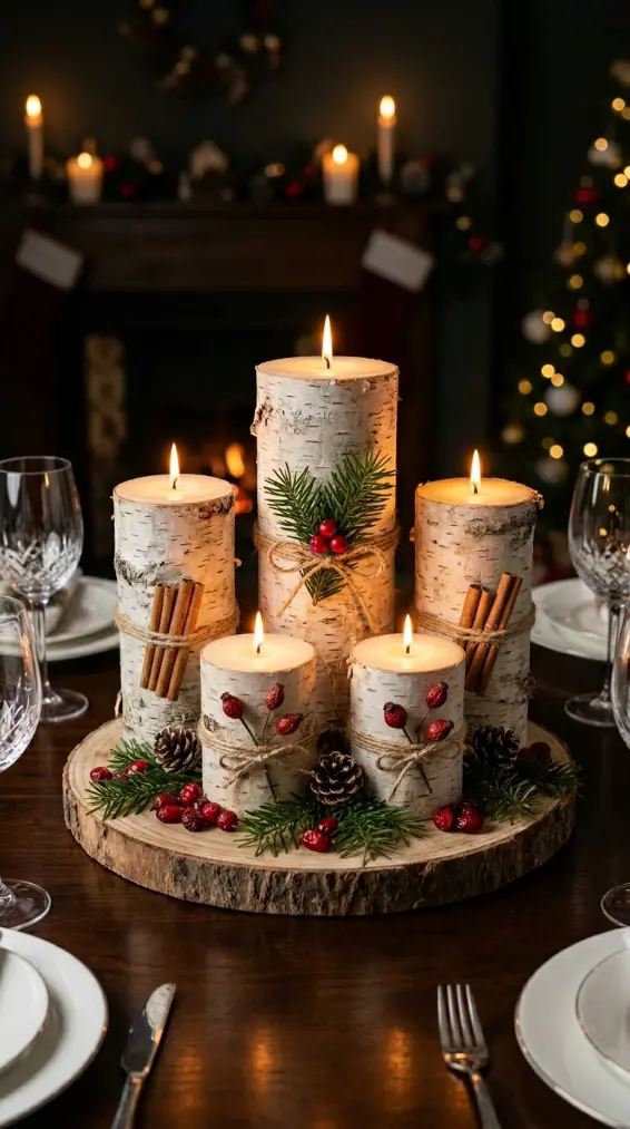 13 Festive Table Decorations Candles Classic Christmas Green 9 9. Pillar Candles Wrapped in Birch Bark and Tied With Pine Sprigs