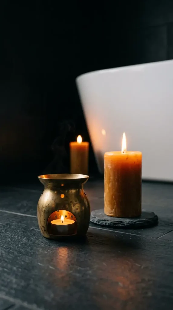 15 Bath Tub Decor Ideas Dark Moody Candlelit Night Soak 9 9. Place a Small Brass Oil Diffuser Beside the Tub for Ambient Scent