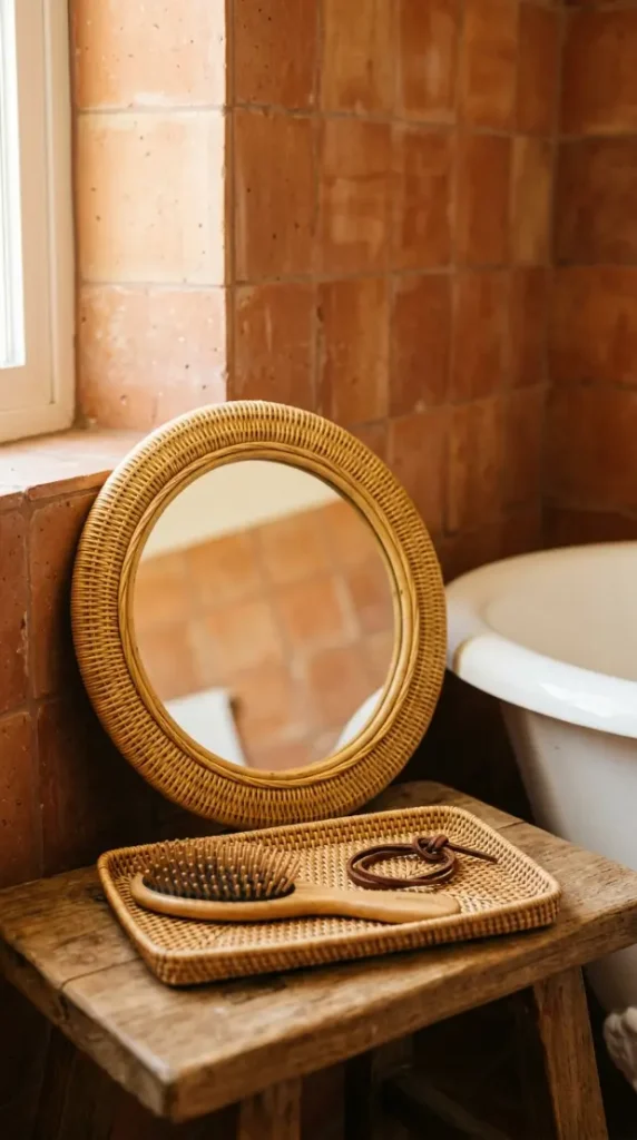 10 Bathtub Tray Ideas Boho Rattan Warm Earthy Style 9 9. Position a Small Rattan-Framed Mirror or Tray-Side Vanity Detail Within Reach