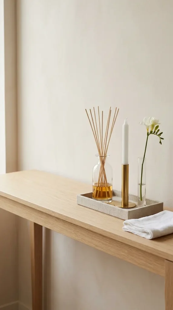 17 Flower Aesthetic Home Decor Entryway Console Quiet Luxury 9 9. Quiet Luxury Console Styled for Scent With Diffuser Candle and Single Stem
