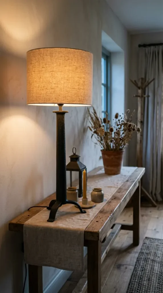 26 Console Table Styling Reclaimed Wood Rustic Farmhouse 9 9. Reclaimed Wood Console With an Iron Table Lamp and Linen Shade