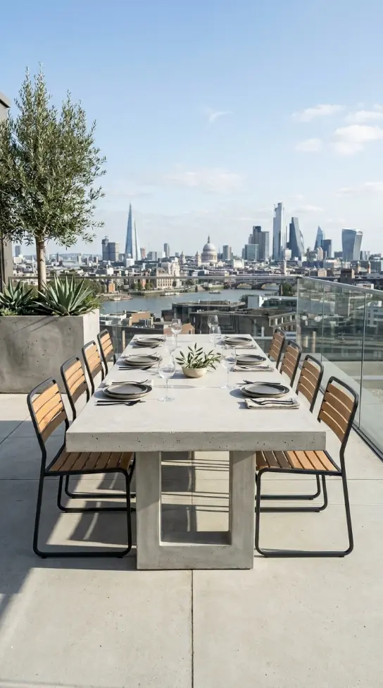 26 Minimal Outdoor Living Space Design for a Rooftop Terrace 9 9. Rooftop Dining Zone — Minimal Concrete Table