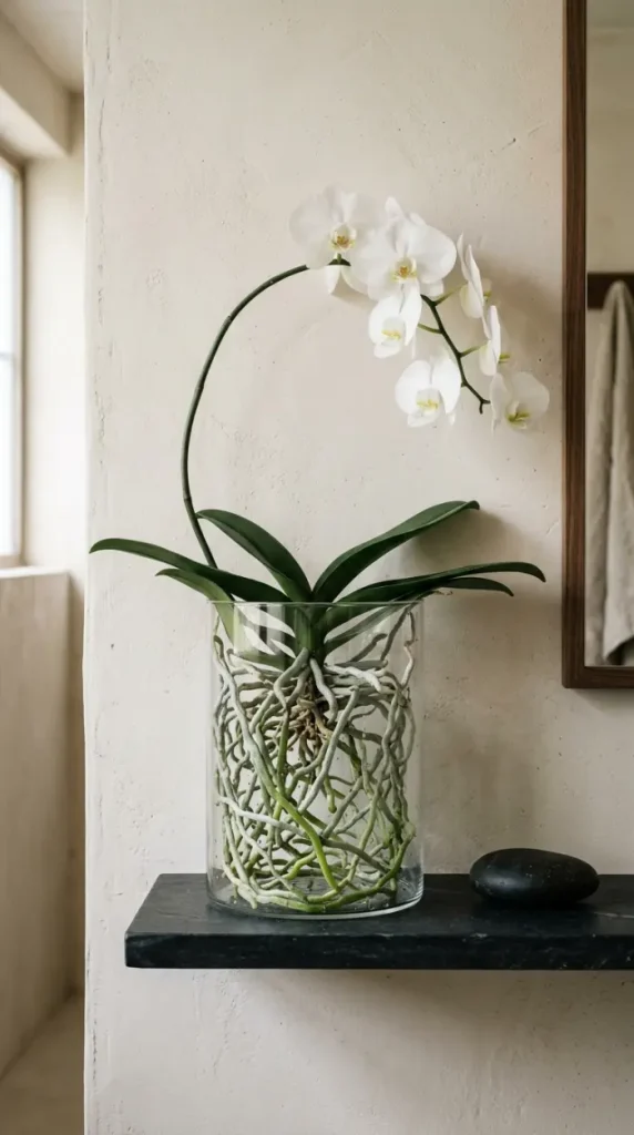 26 Bathroom Shelf Plants Decor Japandi Orchid Minimal 9 9. Shelf with Orchid Roots Visible in Clear Glass Vessel