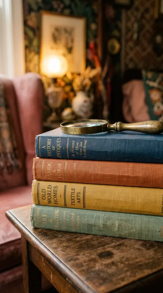 19 Comfy Reading Chair Vintage Pink Velvet Bedroom Maximalist 9 9. Stacked Books and a Brass Magnifying Glass on the Side Table