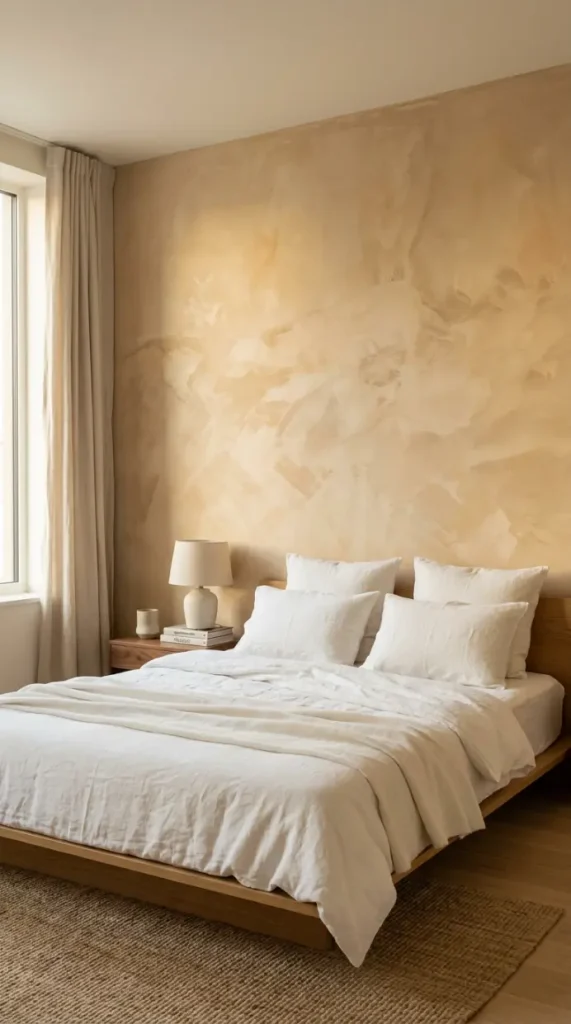 16 Minimalist Luxury Bedroom Quiet Luxury Linen Neutral Warm 9 9. Textured Limewash Accent Wall Behind the Bed