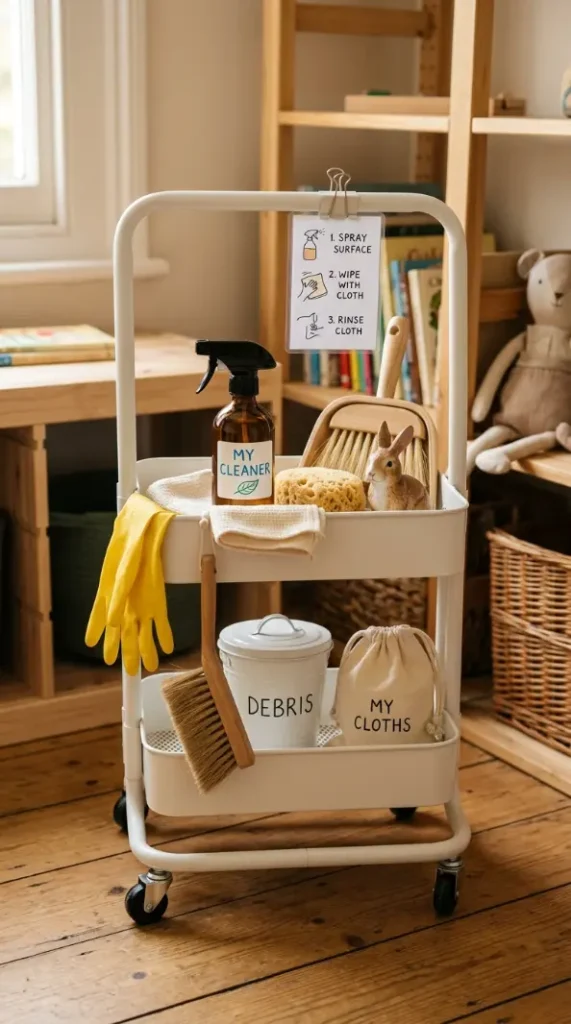 27 Cleaning Closet Organization Tiered Rolling Cart Ideas 9 9. The Children's Cleaning Cart — Kid-Sized and Age-Appropriate