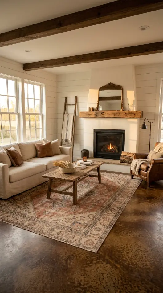 9 Affordable Farmhouse Flooring Ideas Stained Concrete 9 9. The Complete Farmhouse Stained Concrete Floor Room — Every Element Right at Once