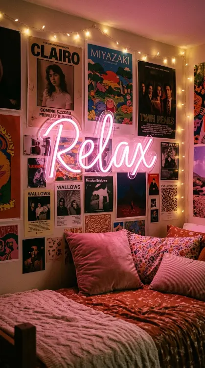 26 Dorm Bed Inspo Maximalist Gallery Wall Twin XL Style 9 9. The Neon Sign and LED Word Art Accent — Illuminated Typography Statement