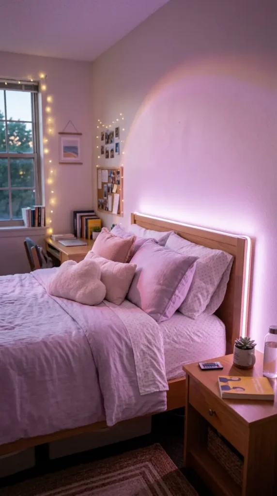 24 College Bedroom Ideas Pastel Girly Aesthetic Dreamy Style 9 9. The Pastel LED Strip Lighting Behind the Headboard — Color-Changing Ambient Glow