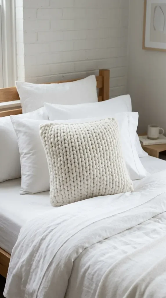 24 Dorm Bedding Ideas Clean White Minimal Luxe Hotel Style 9 9. The Single Statement Texture Throw Pillow — Restrained Accent Principle