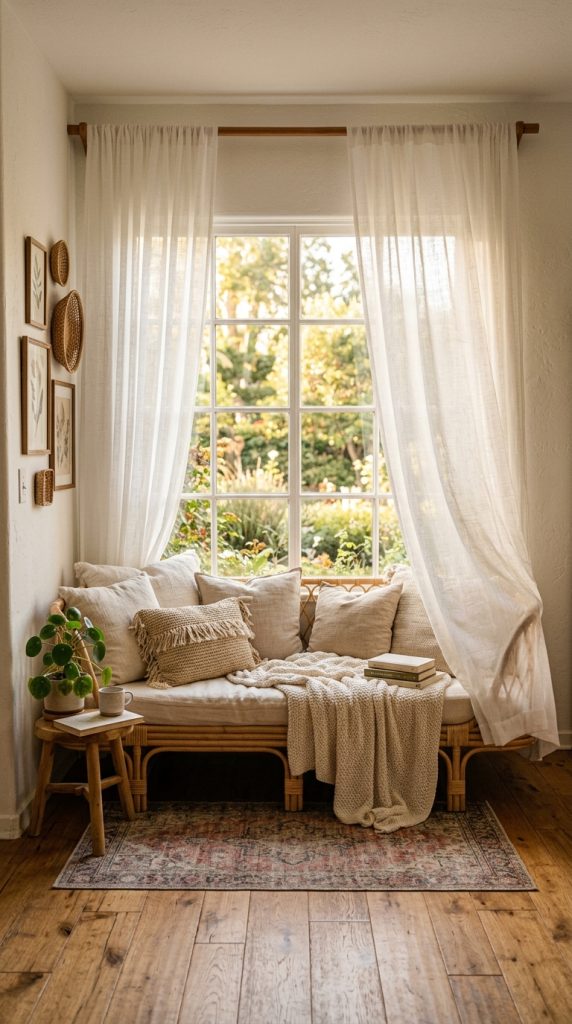 10 Chaise Lounge Reading Nook Rattan Daybed Boho Sunlit Nook 9 9. Use Sheer Linen Curtains to Soften Without Blocking the Sunlight