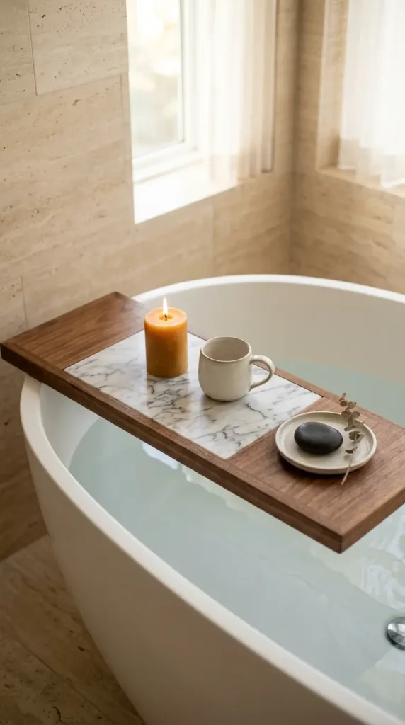 18 Bath Tub Decor Ideas Freestanding Tray Quiet Luxury 9 9. Use a Marble Inlay Bath Tray for the Most Formally Luxurious Quiet Statement