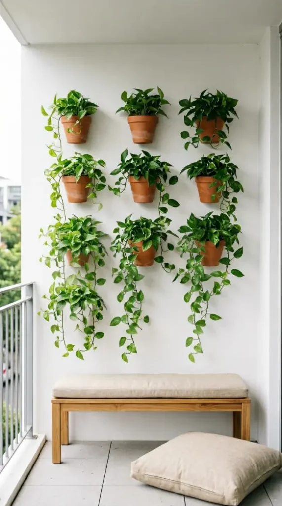 16 Minimal Outdoor Living Space Design for a Small Balcony 9 9. Vertical Plant Wall on the Balcony Back Wall