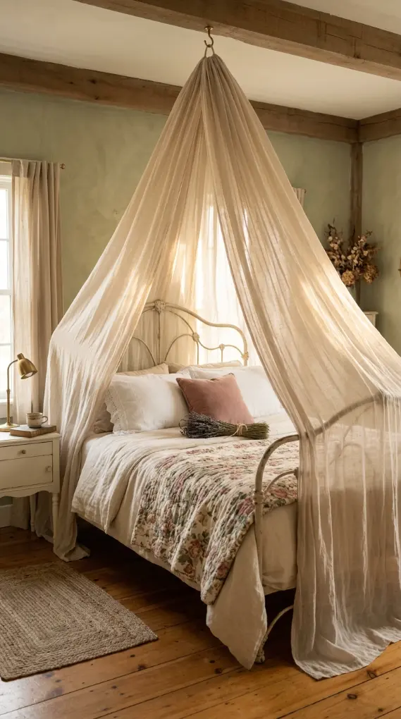 32 Cute Room Ideas for a Dreamy Cottagecore Bedroom 9 9. Vintage Iron Bed Frame with Canopy of Sheer Linen