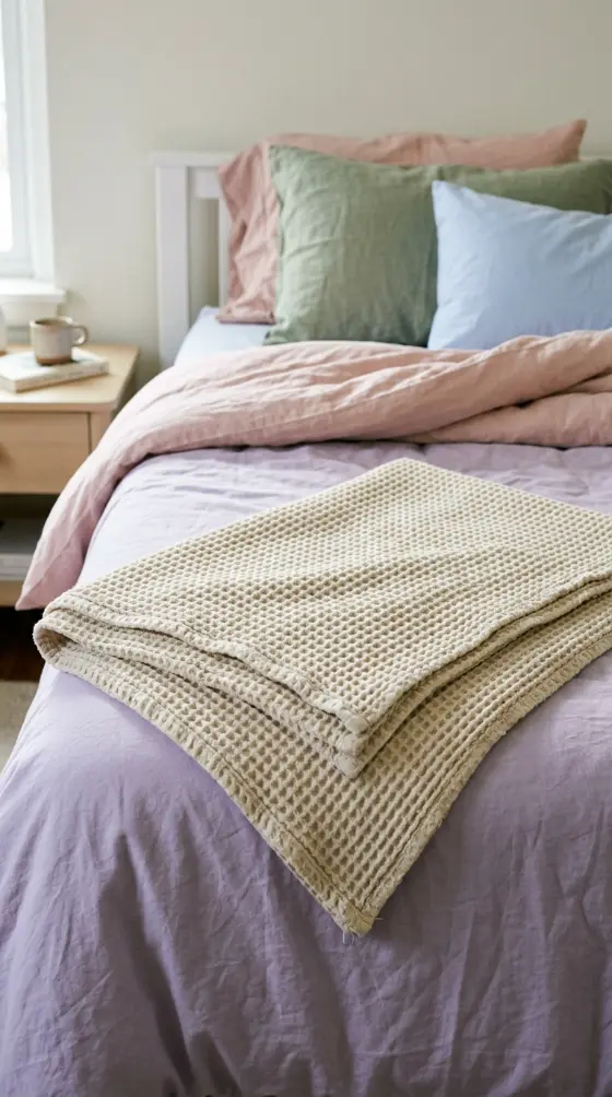 16 Dorm Bedding Ideas Pastel Aesthetic Girls Twin XL 9 9. Waffle-Weave Throw for Textural Contrast