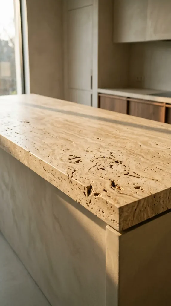11 Minimalist Luxury Kitchen Quiet Luxury Greige Travertine Warm 9 9. Warm Morning Light Across a Travertine Island