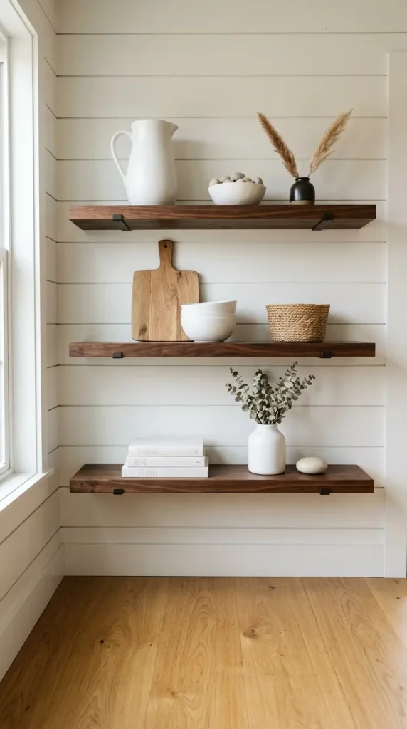 16 Modern Farmhouse Interior Design Seamless White Oak Floor 9 9. White Ceramic and Stone Accessories on Farmhouse Shelving