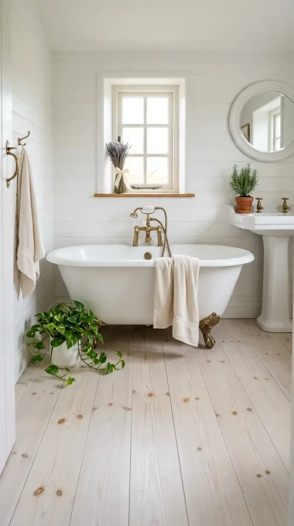 27 Light Wood Flooring for Farmhouse Whitewashed Pine Style 9 9. Whitewashed Pine in a Small Farmhouse Bathroom