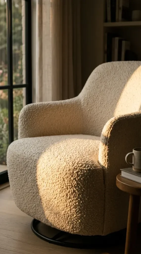 13 Comfy Reading Chair Oversized Cream Swivel Plush Living Room 9 9. Window Light Falling Across the Cream Boucle Seat