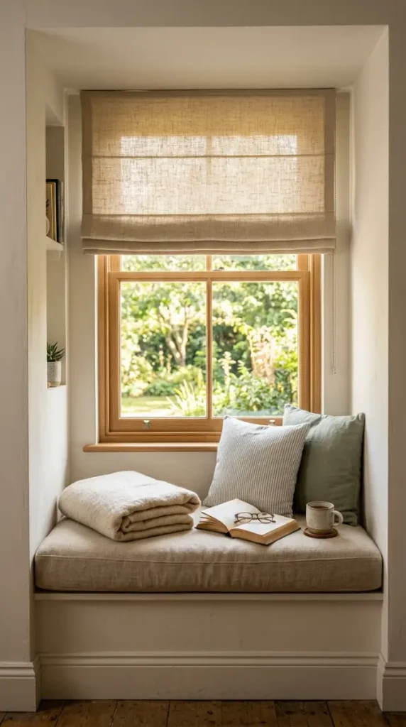 14 Cozy Reading Chair Small Space Nook Built-In Corner Warm 9 9. Window Seat Nook With Roman Blind Above for Light Control