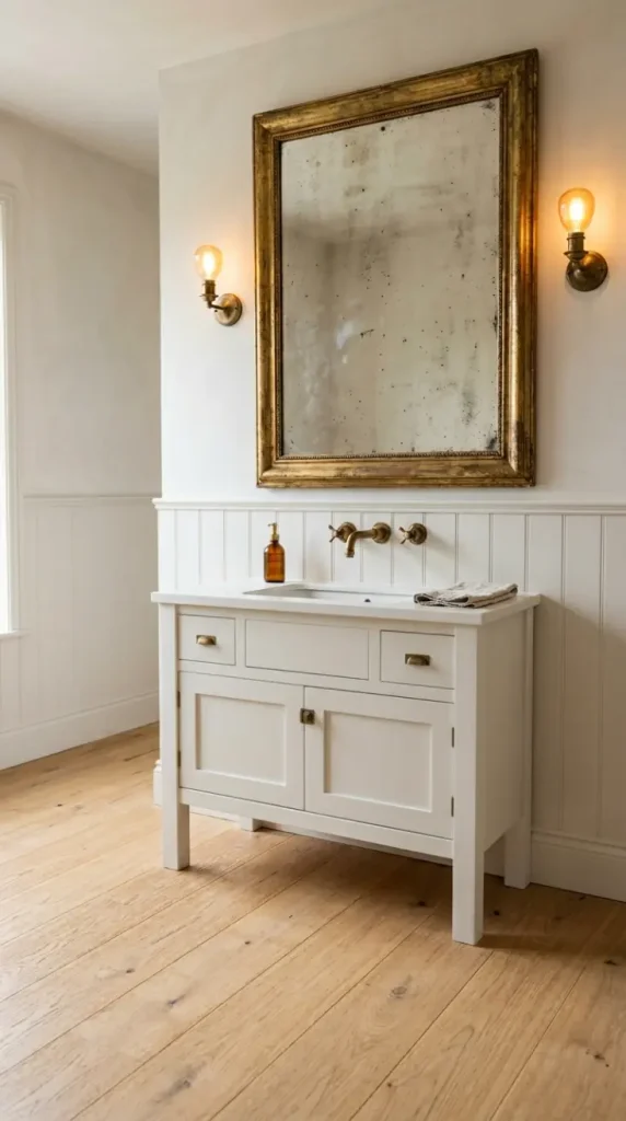 26 Light Wood Flooring for Farmhouse Wire-Brushed Oak Bath 9 9. Wire-Brushed Oak Floor With Antique Mirror and Unlacquered Brass