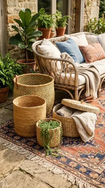 28 Outdoor Patio Ideas for a Boho Layered Living Room 9 9. Woven Jute and Seagrass Baskets as Boho Storage and Decor
