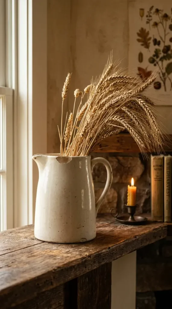 18 Collected Fall Mantel Styling Ideas That Feel Easy 1 1. A Chipped Ceramic Pitcher Holding a Loose Handful of Dried Wheat